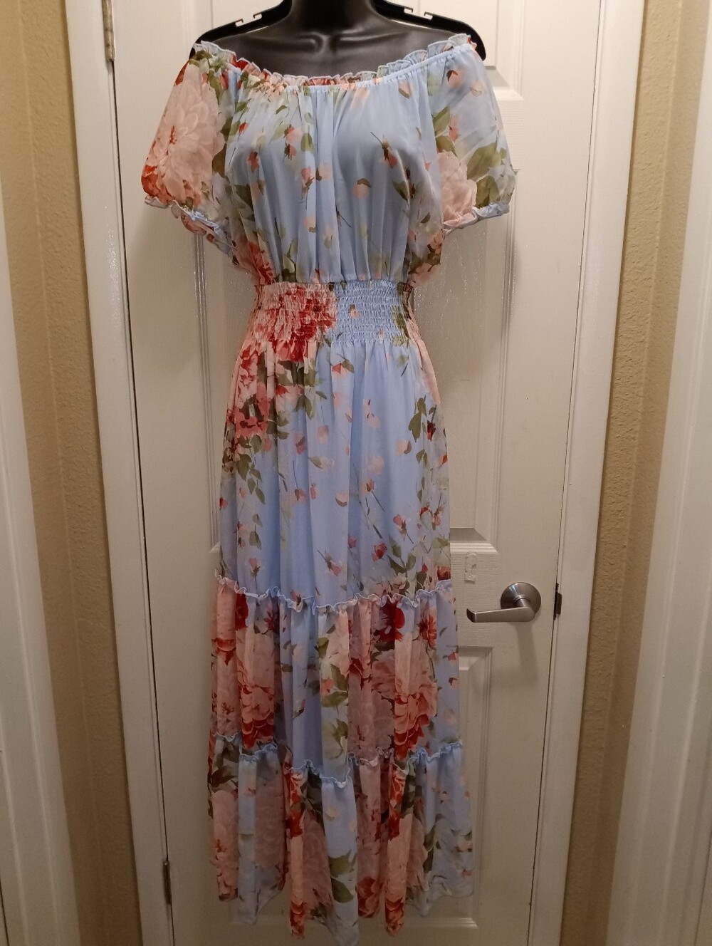 NWOT Kate & Lily Floral Off-Shoulder Maxi Dress in Light Blue Sheer Top Portion